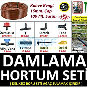 Kahverengi 100Mt  Mgf 16mm Deliksiz Ağaç Damla Sulama Sistemi Hortumu Borusu ve Ek Parçaları Seti
